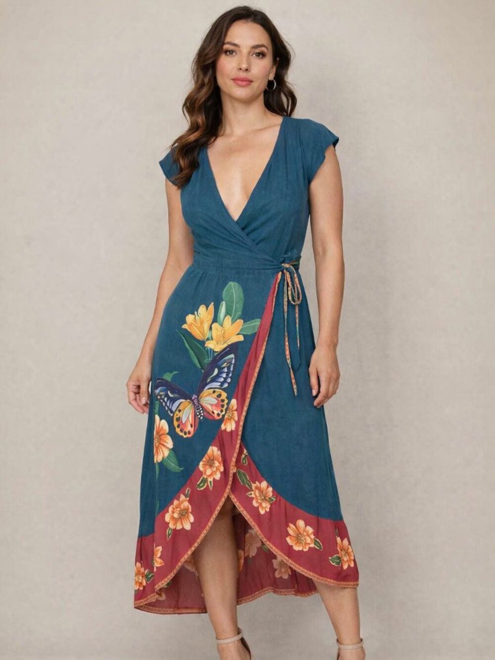 Munny Brazilian Wrap Dress Butterfly Floral Cotton Teal Midi Size M